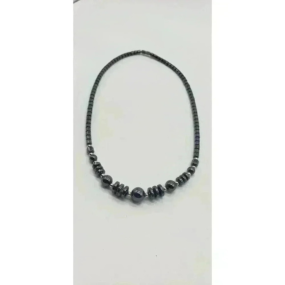 Vintage Necklace Hematite & Sterling Silver Beaded MCM Modernist Brutalist - Picture 7 of 9